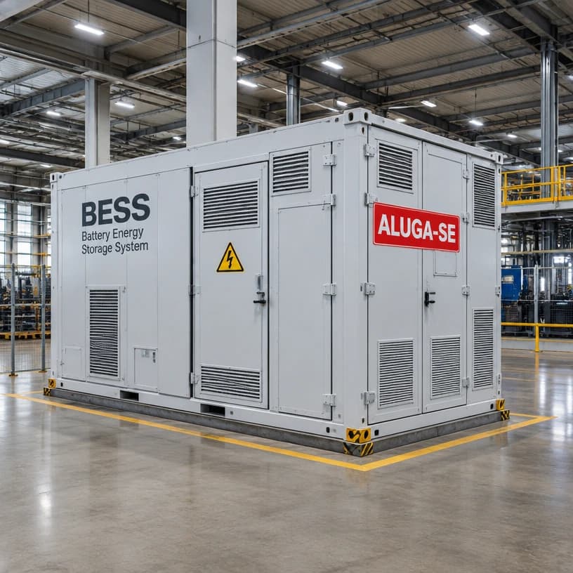 Contêiner de BESS com adesivo de aluga-se em um galpão industrial