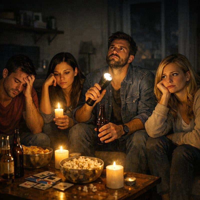 Amigos reunidos à luz de vela e lanterna após a energia cair