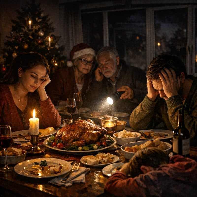 Família na ceia de Natal iluminada apenas por velas e lanterna